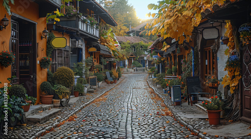 A quaint and charming village, with cobblestone streets and cozy cafes, inviting visitors to experience the charm and warmth of a small-town tourist attraction. Generative AI.