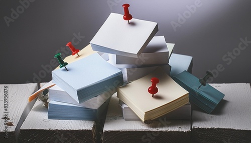 untidy pile various colors white square sticky post it note with pushpin isolated background photo png file
