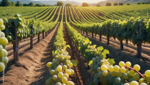 Morning sun casts a golden glow over rows of grapevines in a verdant vineyard, capturing the essence of viticulture.