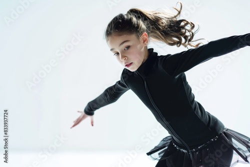 A young girl wearing a black dress is shown skating on ice or roller skates