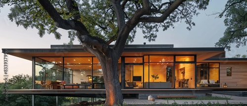 Minimalist eco-friendly home with large floor-to-ceiling windows showcasing grand elm tree in front yard. Built with natural, sustainable materials, includes solar panels.