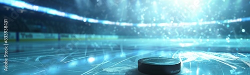Hockey puck on ice with lights in background and water droplets, sport background
