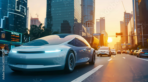Sustainable Climate , A futuristic highway where electric and solar-powered cars replace traditional vehicles reducing carbon emissions . Green energy, Air pollution, Innovative Transportation 