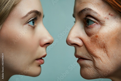 a young girl looks at herself as older and with skin problems