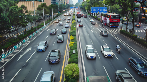 Sustainable Climate , A futuristic highway where electric and solar-powered cars replace traditional vehicles reducing carbon emissions . Green energy, Air pollution, Innovative Transportation 