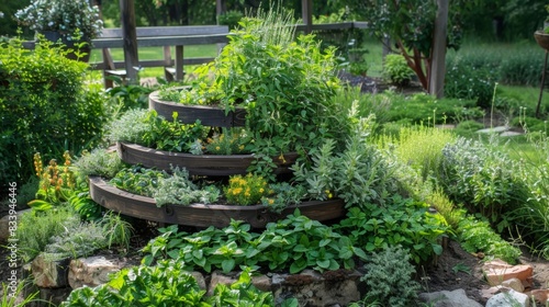 Climbing vines laden with herbs cascade down the sides of a circular herb spiral creating a beautiful and functional centerpiece.