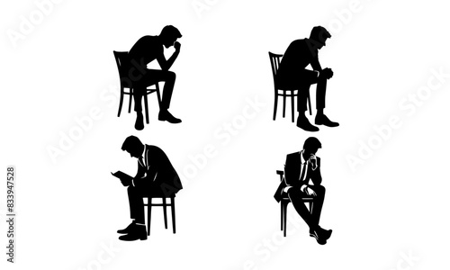 Men sitting postures logo icon in black and white isolated on white background, Men sitting silhouettes set.