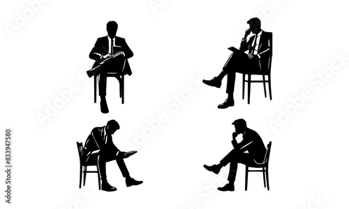 Men sitting postures logo icon in black and white isolated on white background, Men sitting silhouettes set.