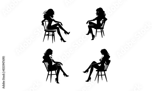 Women sitting postures logo icon in black and white isolated on white background,Women sitting silhouettes set.