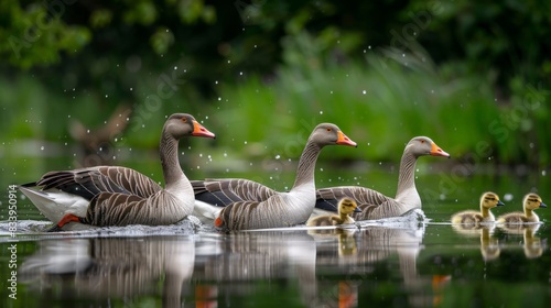 A family of greylag geese gliding gracefully across a tranquil pond