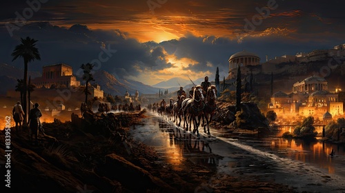 Stunning digital artwork featuring a historic ancient civilization scene with horses and architecture