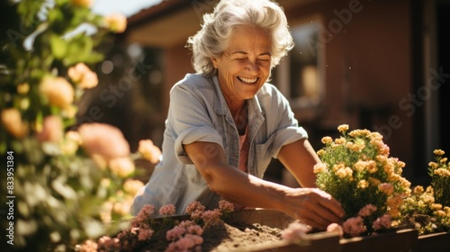 An elderly woman is seen tending to her garden flowers, with sunlight casting a warm glow