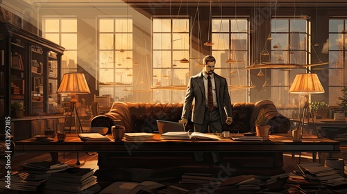 Digital illustration of an executive office with a faceless character and vintage flair