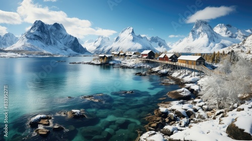 A serene landscape showcasing a Nordic winter village beside a crystal blue fjord, set against a backdrop of snow-covered mountains and clear skies