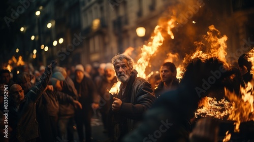 In a fiery protest scene, a man holds a flare aloft amid a crowd of demonstrators