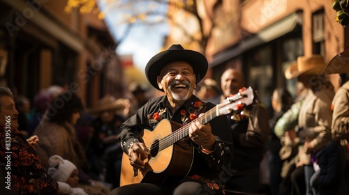 A joyful Mariachi musician plays the guitar on a lively street, charming the passersby with traditional music
