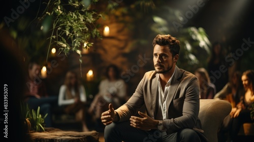 A man engages in a conversation at an intimate gathering with a natural and warm setting