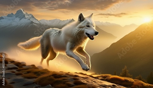 Wolf running in the sunset 