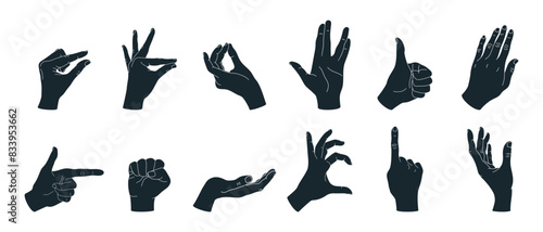 Hand gesture silhouettes set 2. Set of different hand gestures. Thumb up, pointing finger, fist; heart, cupped hand. Vector illustration