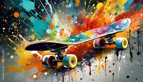 skateboard painting colorful paint splatters, art design