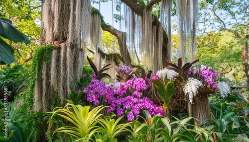 tropical plants bush with tropical rainforest tree with epiphytes creeper plants staghorn fern bird s nest fern hanging dischidia succulent plant and purple vanda orchid flowers