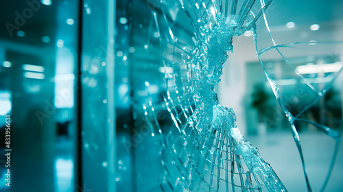 Broken glass door in contemporary office building, highlighting vandalism or accident concept. Clear panoramic window . Suitable for security bulletins, incident records, and maintenance reports,