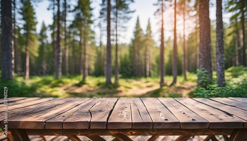 beautiful blurred boreal forest background view with empty rustic wooden table for mockup product display picnic table with customizable space on table top for editing flawless