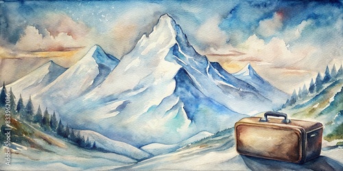 Snowy mountain landscape painted on a suitcase, perfect for solo travel adventures , travel, adventure, snowy, mountain, landscape, suitcase, watercolor, wanderlust, exploration, solo