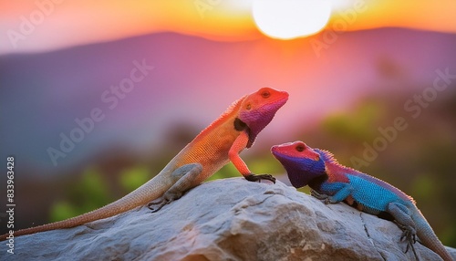 two multicolored agama lizard on a rock