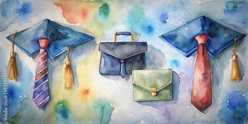 Watercolor painting of graduation caps with ties and briefcases for fathers, Dads, father, graduation, watercolor, caps, ties, briefcases, celebration, academic, diploma, achievement, art
