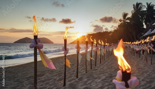 festive hawaiian beach party at sunset aloha banners tiki torches lining the shore vibrant and lively atmosphere