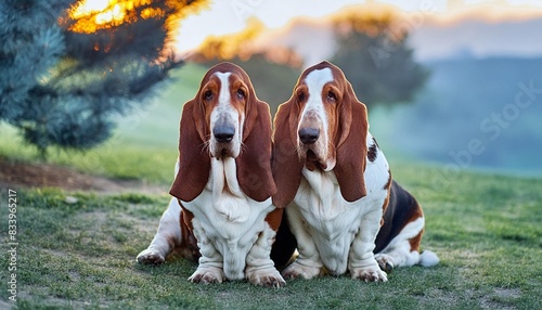 realistic photo of two basset hounds sitting together on green grass in the dawn light cute dog in the park in the morning generative ai