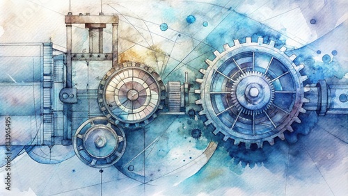 Intricate mechanical engineering design blueprint with gears in watercolor , mechanical, engineering, intricate, blueprint, design, gears, watercolor, technical, detailed, precision