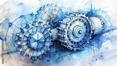 Intricate mechanical engineering design blueprint with gears in watercolor , mechanical, engineering, intricate, blueprint, design, gears, watercolor, technical, detailed, precision