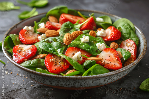 Spinach Salad: Fresh spinach leaves tossed with sliced strawberries, goat cheese, almonds, and a balsamic vinaigrette.