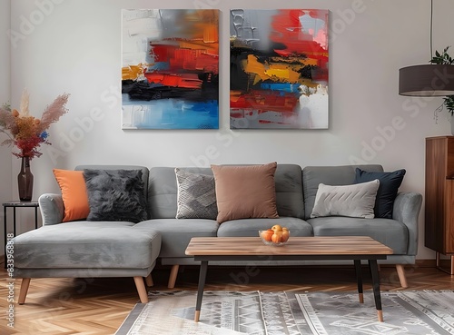 Photo of Scandinavian living room with grey sofa, wooden coffee table and abstract paintings on wall