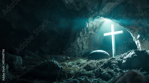 A serene image of a dark cave with light illuminating a cross, symbolizing hope, faith, and resurrection.
