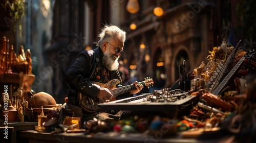 An atmospheric photo of a street musician with a blurred face, deeply engrossed in playing his guitar in a vibrant market setting