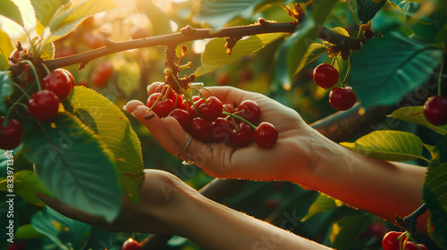 woman hands collecting cherries in summer day