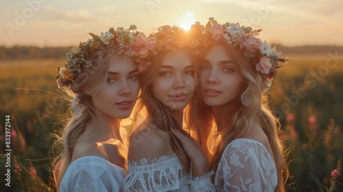 Young Women with Floral Crowns in Meadow at Sunset. Summer Solstice Holiday. Generative ai