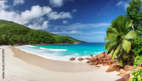 anse takamaka beach on praslin island in seychelles