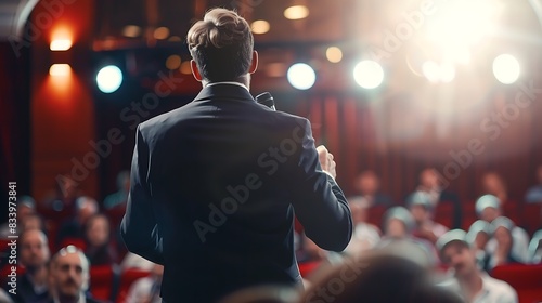 A confident speaker addressing an audience in a conference hall with a blurred background. 