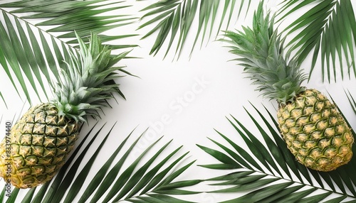 tropical frame with pineapple and palm tree leaves on white background flat lay top view