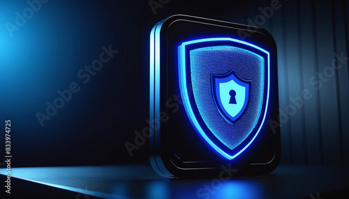 3D rendering, shield and technological background, cloud native security concept illustration. Concept of data protection information centres. Shield and padlock. Protected server hardware.
