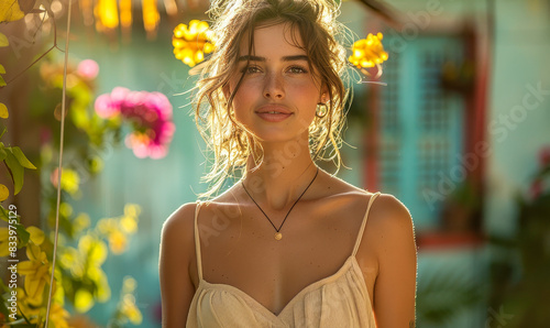 Beautiful Woman in Tank Top and Maxi Skirt Enjoying Summer in Vibrant Garden Setting, Full Body Shoot During Golden Hour, Capturing Casual Fashion and Serene Mood