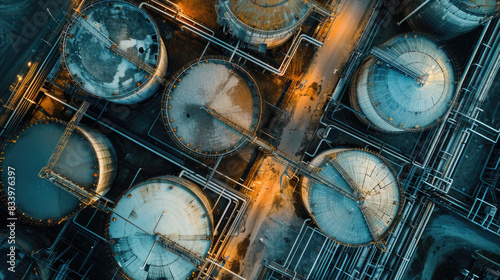 Oil and gas tanks of petrochemical industry, aerial top view of white storages in refinery plant. Chemical petroleum industrial buildings. Theme of power, fuel.