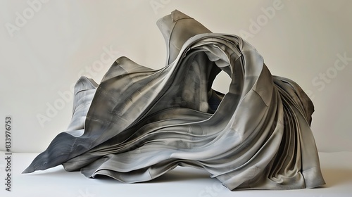 Fabric folded and draped to create abstract sculptures, highlighting its texture and sheen in an artistic and visually striking display. 
