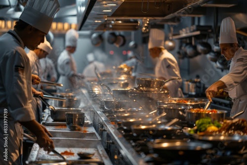 A kitchen filled with the hustle and bustle of multiple chefs working together to prepare a grand feast, with pots bubbling on stovetops and ingredients being chopped and stirred. 