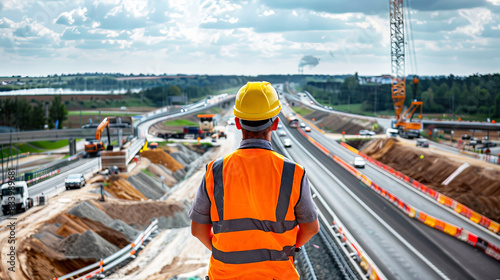 Engineer overseeing highway construction site, infrastructure development, safety vest, helmet, machinery, and progress under blue sky.