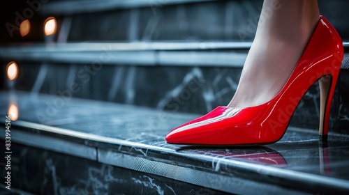 glamorous, red high heels worn by a model, closeup on stairs
